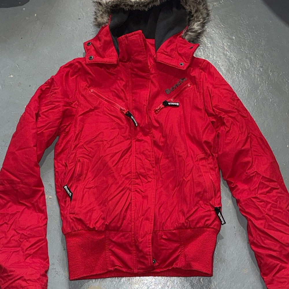 Bench Red Winter Jacket with Faux Fur Hood